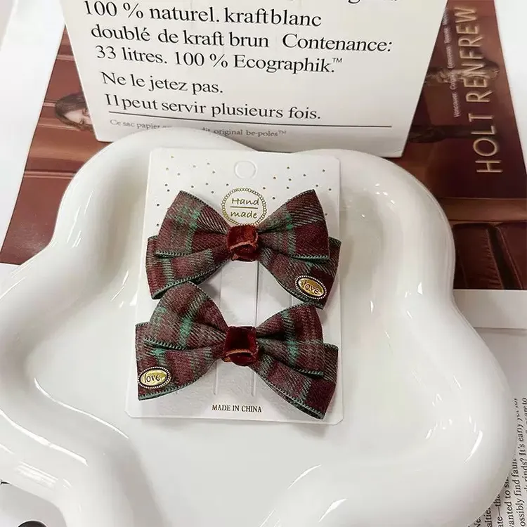 诗小诗秋冬新款韩系英伦风甜美显白格纹布艺学院蝴蝶结发夹发饰