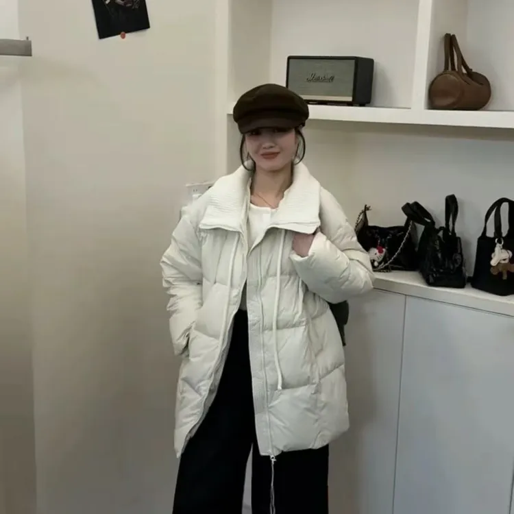 韩系新品针织立领羽绒服女冬季宽松显瘦百搭中长款羽绒服潮1261