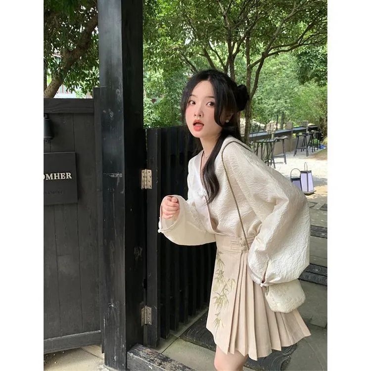 大码胖妹妹春季新中式肌理感长袖衬衫刺绣马面百褶短裙时尚两件套