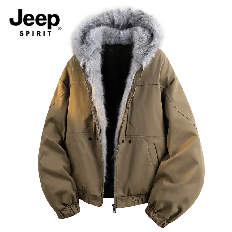 吉普时尚百搭毛领连帽夹克男青年秋冬加厚保暖工装棉服外套潮流