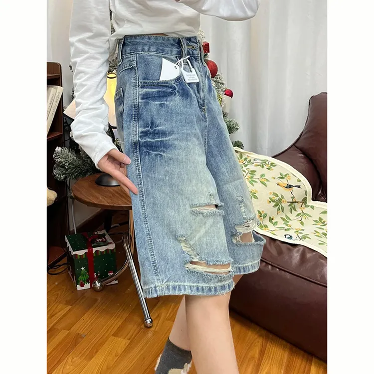 复古水洗潮流破洞牛仔短裤女2025年夏季新款怀旧蓝五分阔腿中裤子