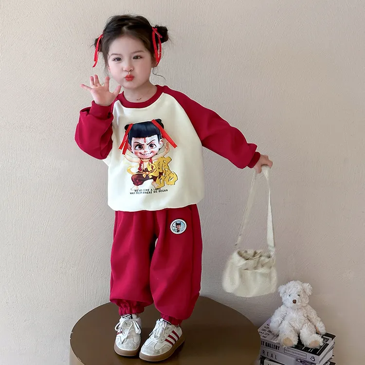 2025春季新款套装哪吒花边儿童男女宝宝洋气时髦卡通运动休闲卫衣