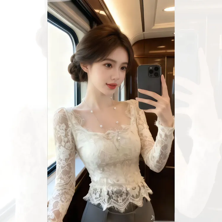 纯欲辣妹性感方领蕾丝打底衫女秋冬新款内搭外穿修身显瘦长袖上衣