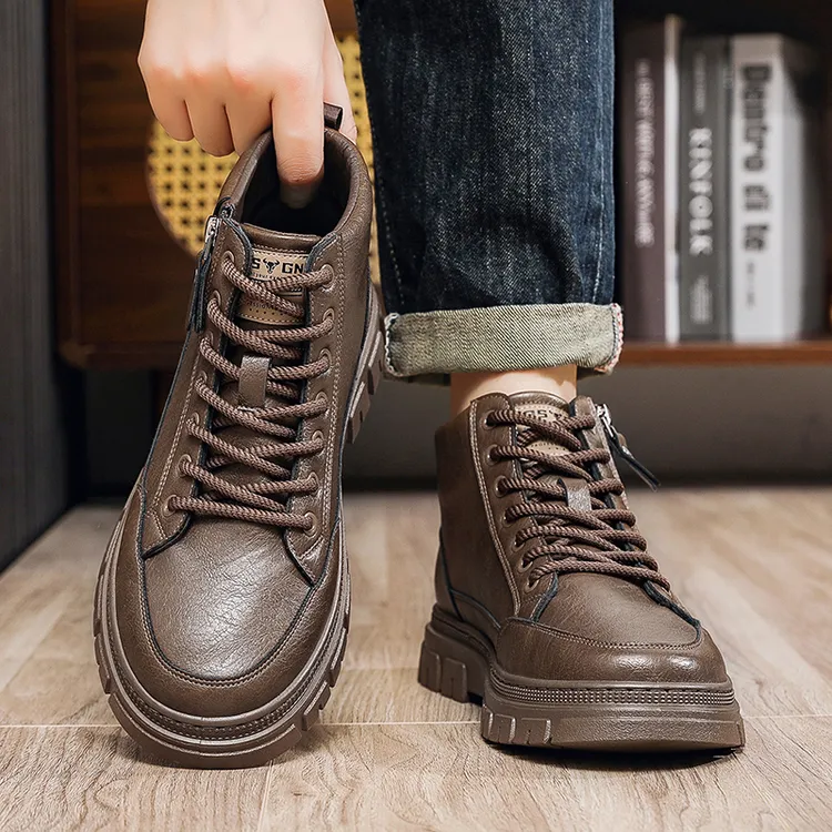 冬季新款马丁靴系带车缝线保暖韩版靴子男潮鞋百搭防水拉链鞋子男