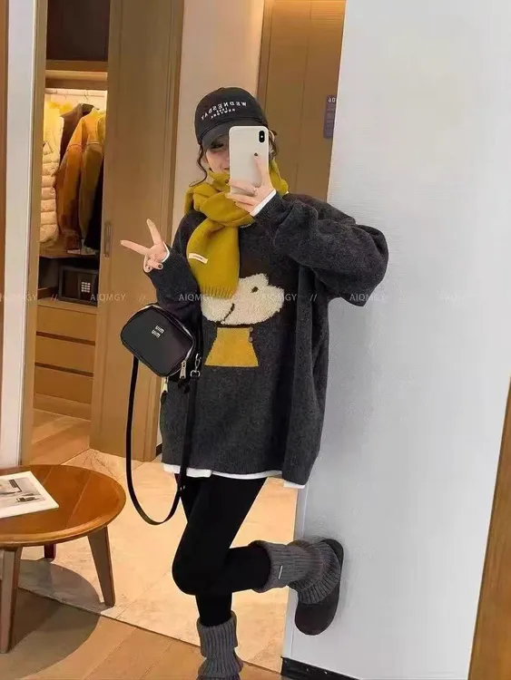 套头圆领纽扣狗深灰色针织衣女宽松大款显瘦减龄百搭保暖秋冬韩版