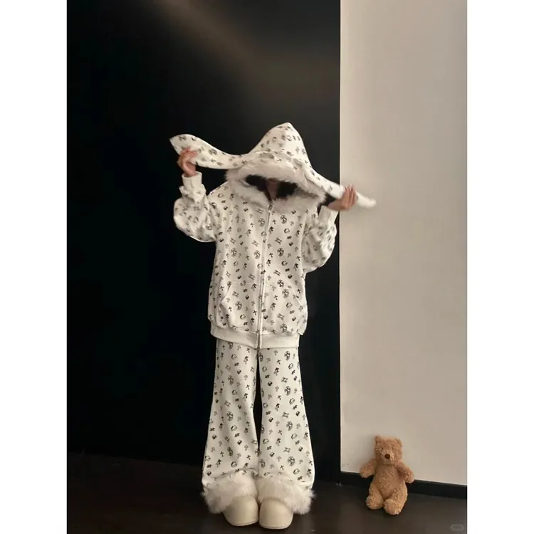 甜酷kt碎花毛领开衫卫衣睡衣女外穿秋冬新款设计感宽松休闲裤套装