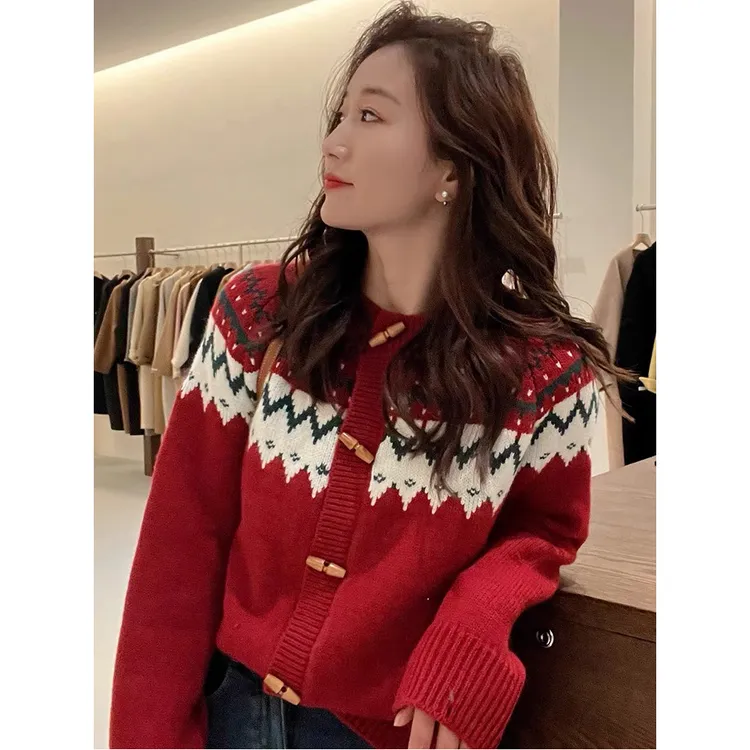 跨年新年穿搭红色毛衣女秋冬季2025新款慵懒风过年费尔岛针织开衫