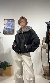 163区508黑色獭兔毛内胆短款派克羊卷毛领