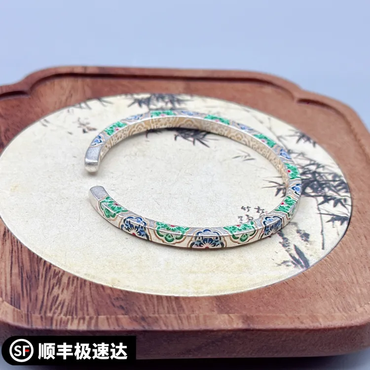 足银手镯 9999银手镯开口描金宝相花银手镯新中式国风送节日礼