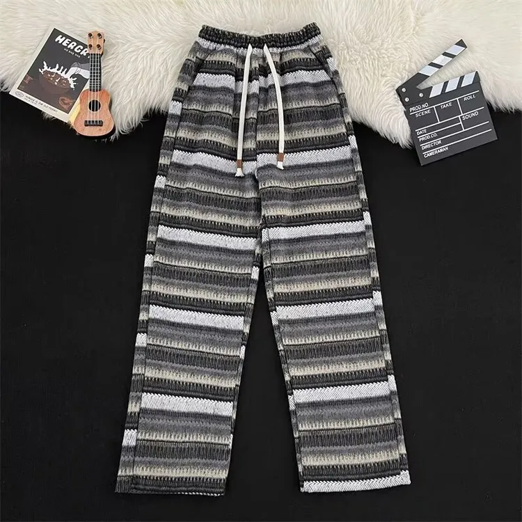 2024美式重磅休闲条纹毛呢卫裤男秋冬阔腿裤百搭时尚潮流高腰长裤