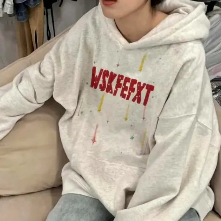 连帽卫衣慵懒风加绒开衫字母百搭学院风常规秋季卫衣女学生外套
