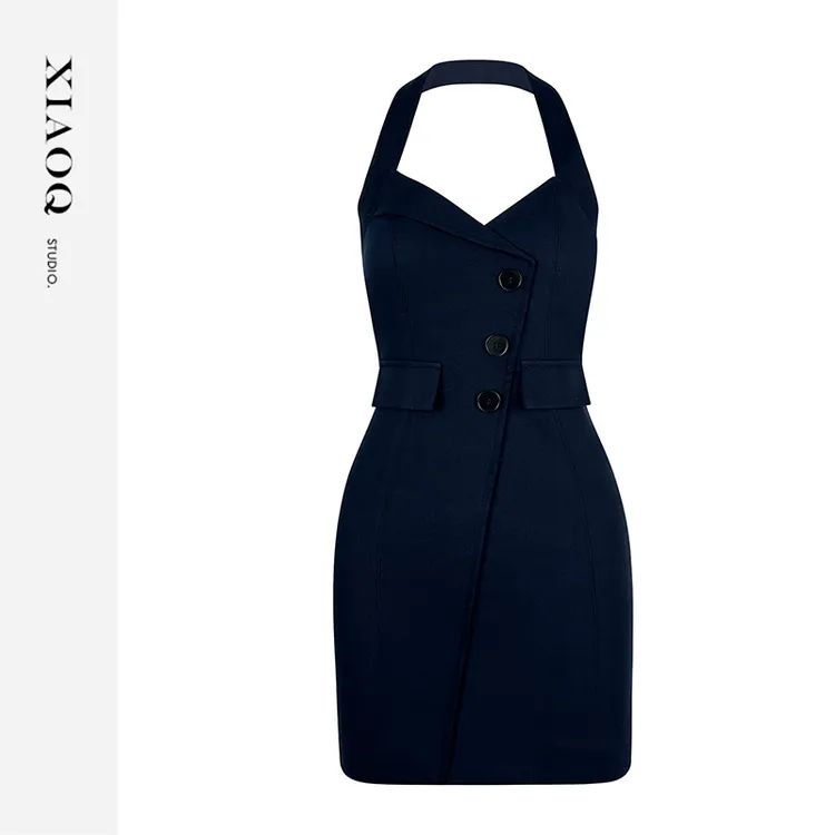 【小Q家】56555设计感挂脖收腰露背连衣裙