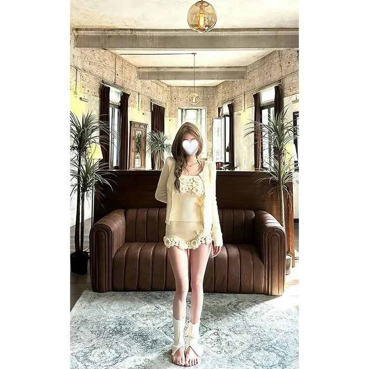 2025春季新款奶心baby性感重工钩花吊带百搭开衫毛衣外套辣妹短裙