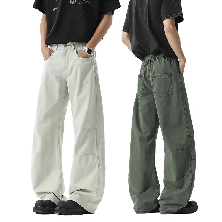 薄款美式复古阔腿弯刀裤夏季高街宽松工装直筒休闲男女同款牛仔裤