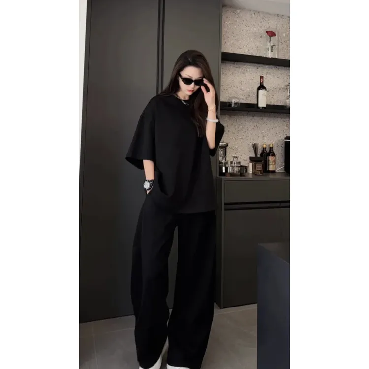 短袖显瘦男面膜新款两件套弯刀裤子套装宽松肤感夏季情侣款圆领