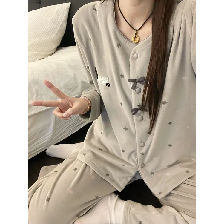【DMXJ大梦想家】温柔高级感蝴蝶结德绒睡衣女冬季款保暖居家服套装