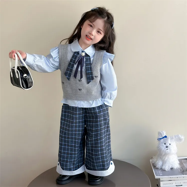 女童秋装洋气学院风马甲三件套2025新款春秋款女宝宝洋气休闲套装