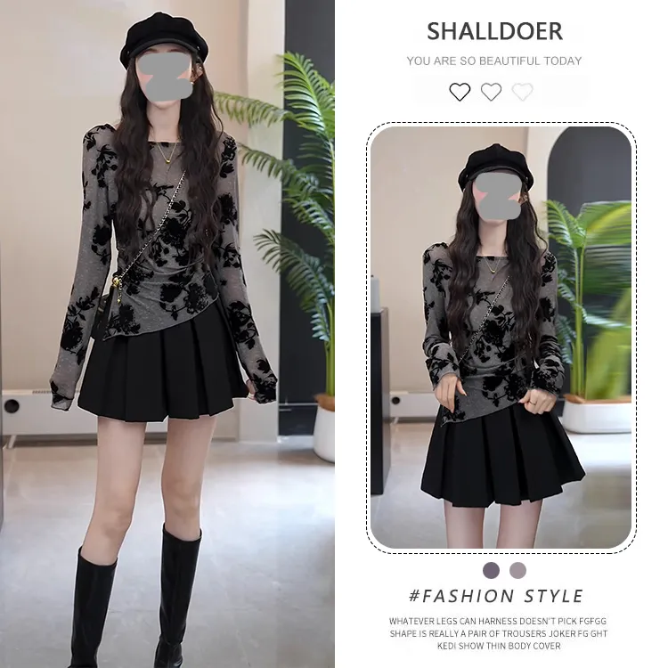 法式千金风时尚套装女2025春秋新款碎花长袖t恤百褶半身裙两件套