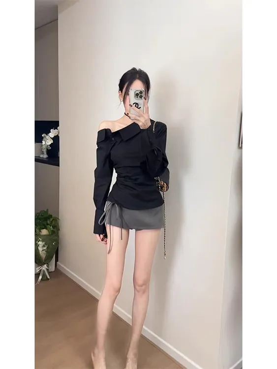 法式不规则黑色长袖衬衫女2025装夏季新款减龄露肩高级感上衣裙子
