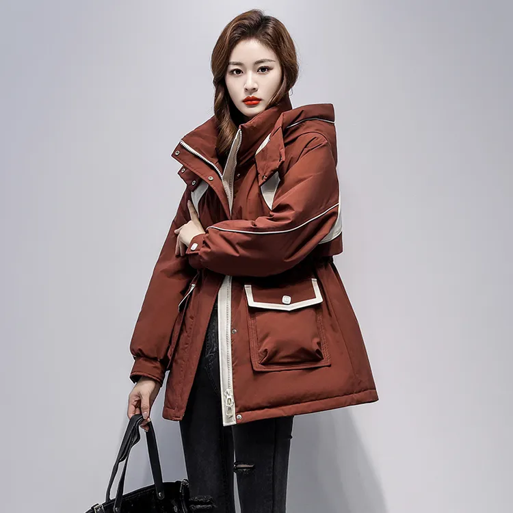 鸭鸭派克羽绒服女2025新款冬季时尚撞色收腰连帽工装加绒冲锋外套