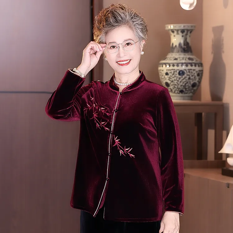 中老年女妈妈装秋季新中式金丝绒衬衫喜婆婆老人奶奶太太秋装衣服