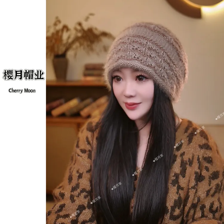 樱月家~（25年品牌订单款堆堆帽）菠萝花双层混线高弹力护耳堆堆帽