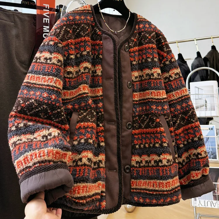 韩系穿搭费尔岛复古摇粒绒夹棉外套女冬季巨好看的高级感棉服棉衣