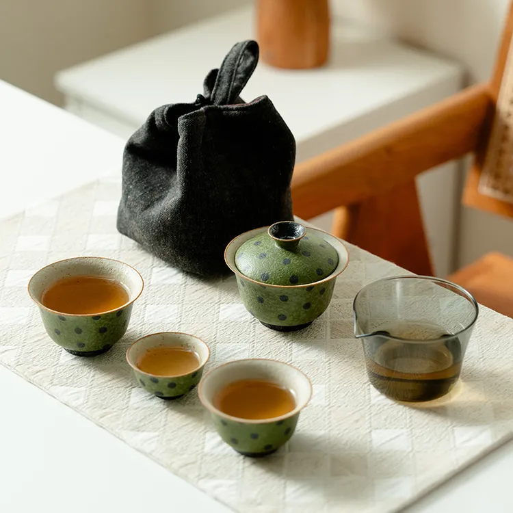 赞朴青橘波点陶瓷盖碗茶杯旅行茶具户外随身便携式新中式泡茶套装
