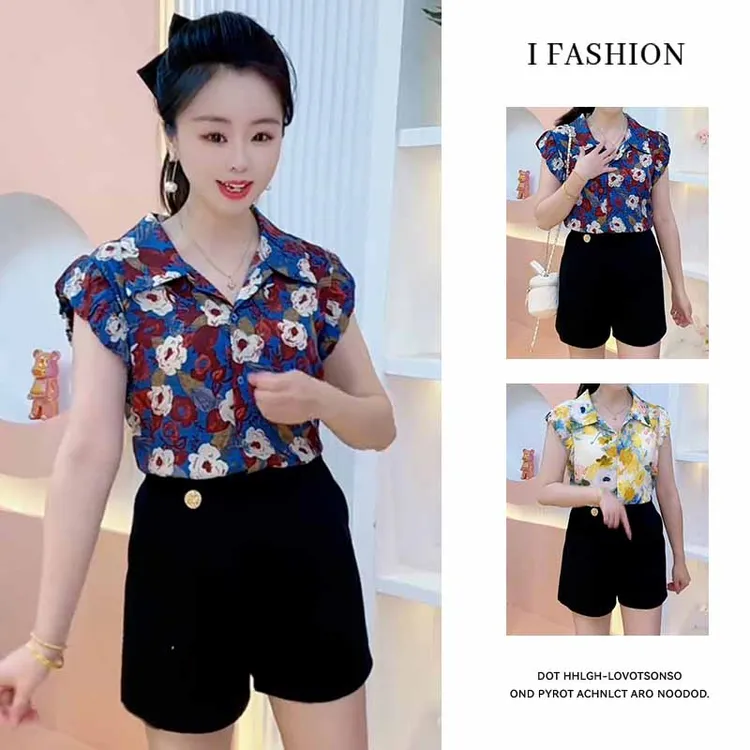 港风复古时尚衬衫女2025夏季新款时髦洋气显瘦小衫碎花短袖衬衣潮