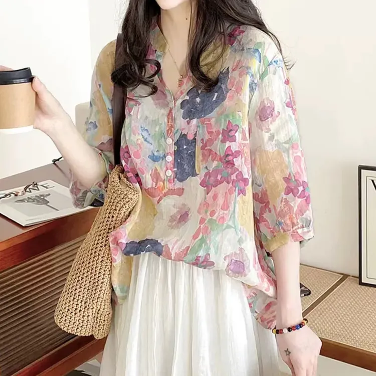 （原版）韩版新款苎麻衬衫印花上衣女文艺气质V领口袋中袖衬衣