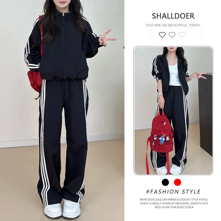 韩系休闲运动套装女秋季时尚设计感宽松显瘦立领外套阔腿裤两件套