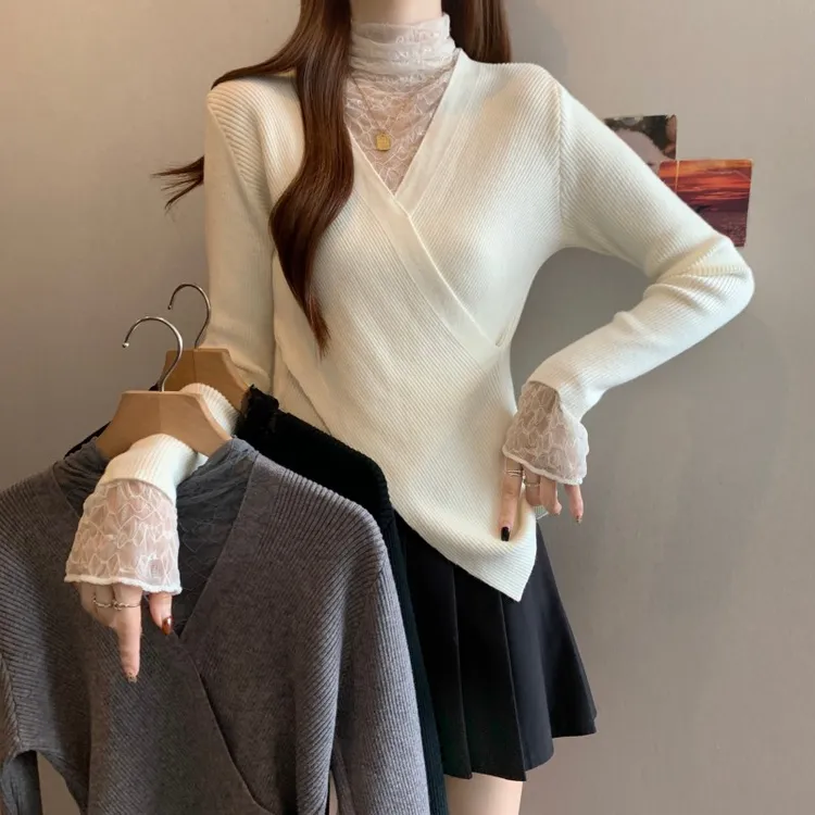 2025冬装新款胖mm大码女蕾丝拼接交叉V领显瘦修身针织衫9689