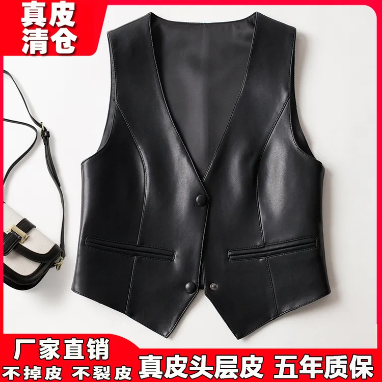 海宁真皮马甲女2025秋冬新款绵羊皮V领复古皮衣外穿无袖坎肩背心