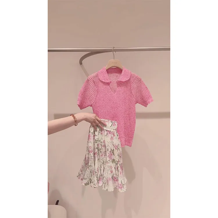法式穿搭一整套气质粉色翻领短袖T恤套装女韩系甜美碎花短裙两件
