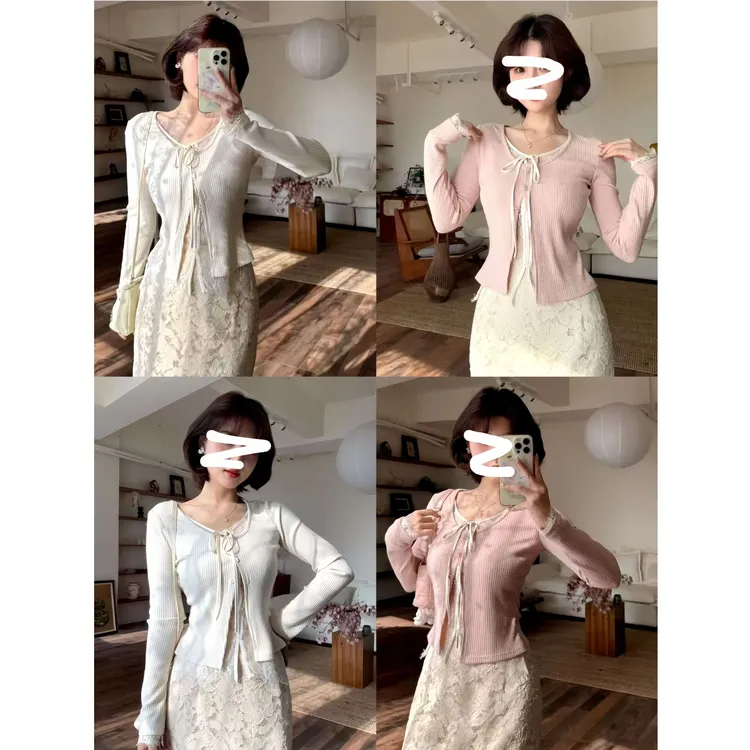 莫妮卡-秋季粉白双色纯欲风V领蕾丝上衣+杏色蕾丝刺绣半裙S11071