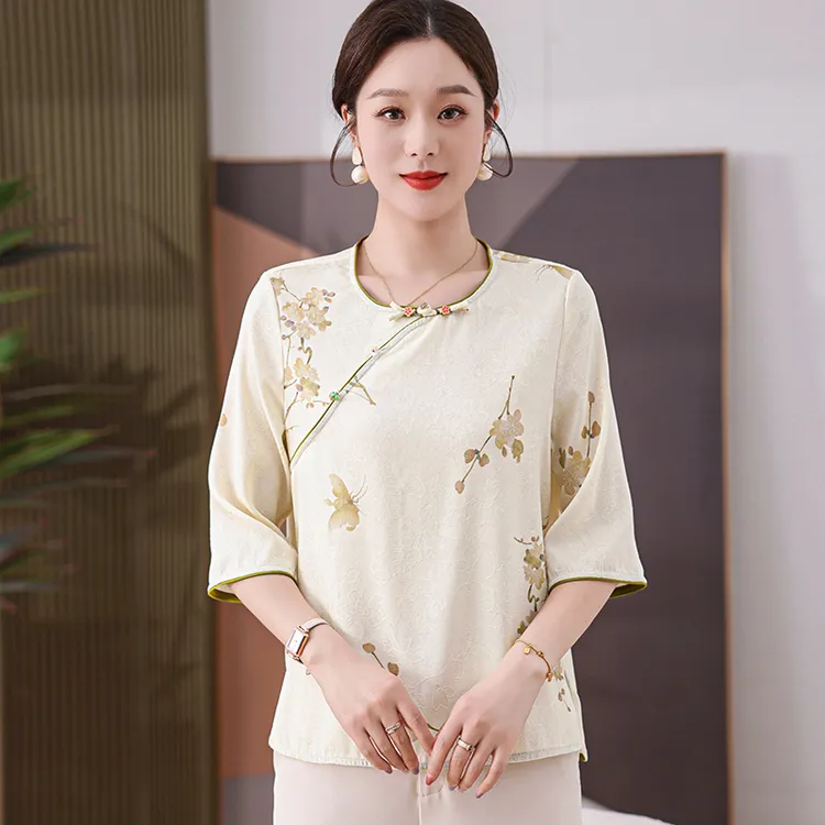 中年款钉珠时尚中老年女装印花宽松中国风衬衣民族风妈妈装T恤