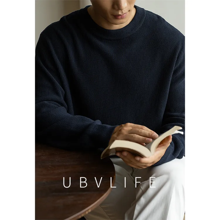 【100%棉】复古华夫格罗纹圆领宽松毛衣男2025秋冬纯色肌理感针织衫