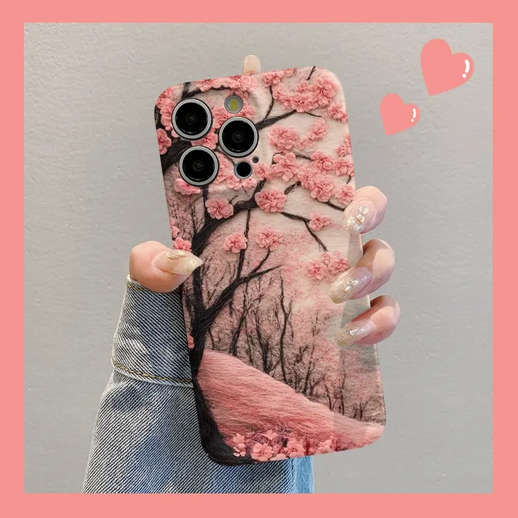 针织樱花树适用苹果16手机壳华为创意vivo女小米15防摔oppo菲林壳