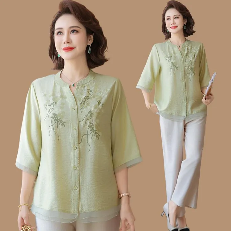 彩羊中年妈妈夏装新款国风休闲套装50岁中老年女短袖衬