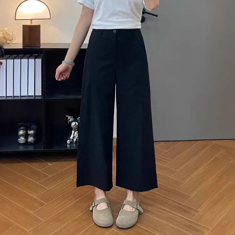 黑色百搭西装休闲裤女夏季薄款微胖大码宽松遮肉显瘦九分阔腿裤子