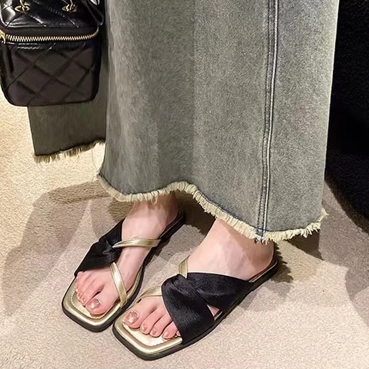 2025纯色浅口蝴蝶结缝制鞋拼色一字拖胶粘鞋简约风修面方头平底