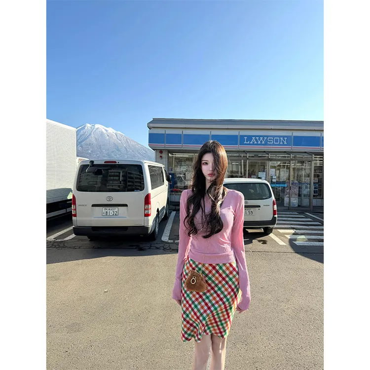 韩系粉紫色长袖针织打底衫内搭修身显瘦上衣多巴胺彩色格子半身裙