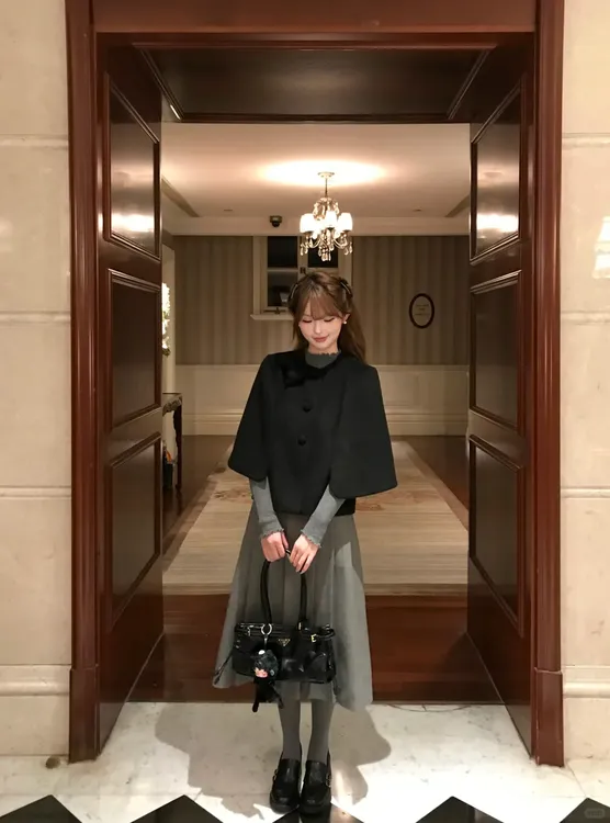 直井怜酱 日系古早单面呢斗篷外套女2025秋冬新款显瘦半身裙套装