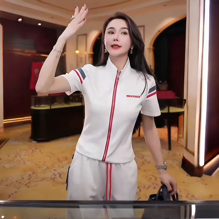 时尚拉链撞色拼接两件套女2025夏季新款休闲短袖阔腿裤显瘦套装女