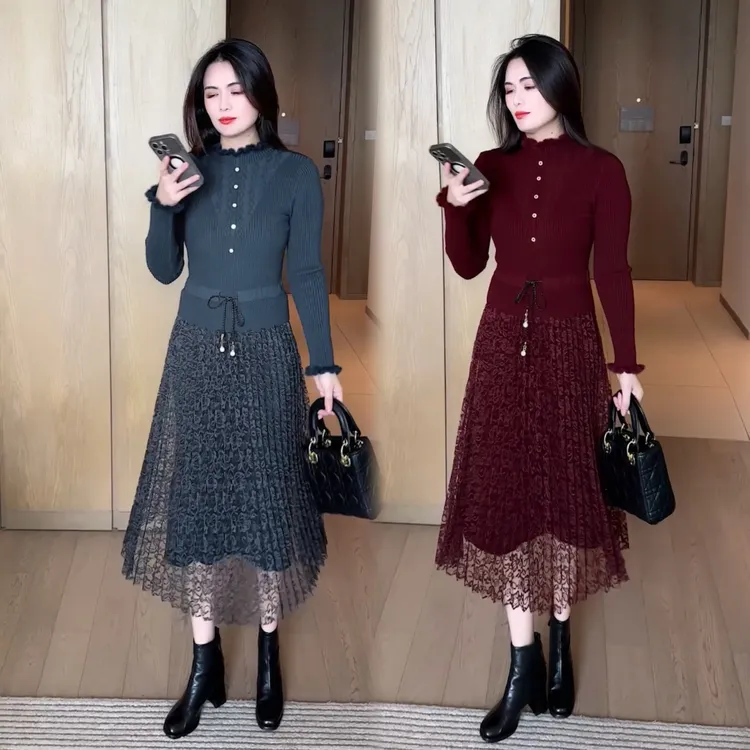 针织连衣裙女气质优雅2025秋冬新款遮肚子显瘦女神范蕾丝打底长裙