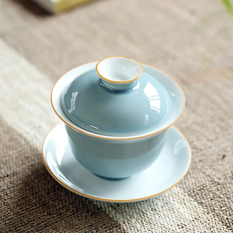 色釉浅蓝白瓷功夫三才盖碗大号泡茶杯陶瓷茶具茶碗敬茶杯不烫手