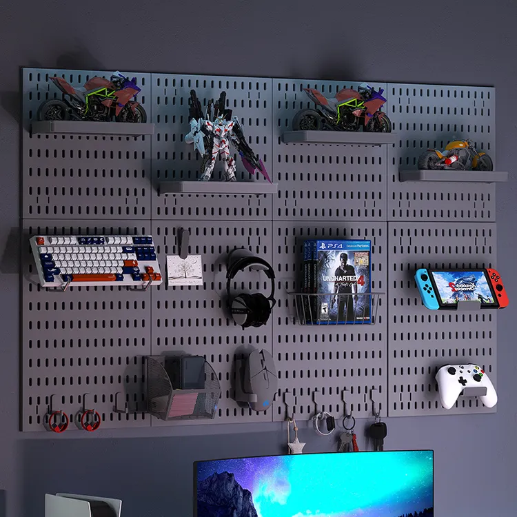 电竞房洞洞板黑色免打孔置物架电脑桌面改造神器墙面挂板收纳装饰