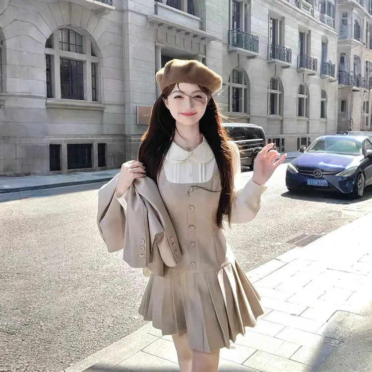 韩系学院风显瘦套装女秋季2025新款小众西装外套百褶连衣裙两件套