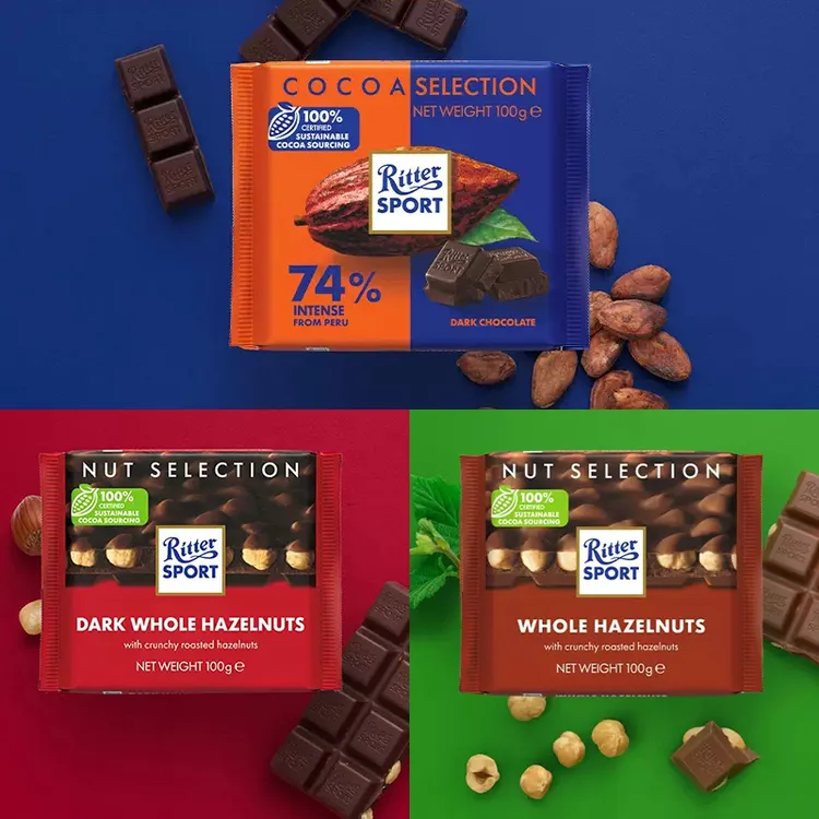 德国进口瑞特滋RitterSport全榛子牛奶巧克力74%黑巧100g排块组合