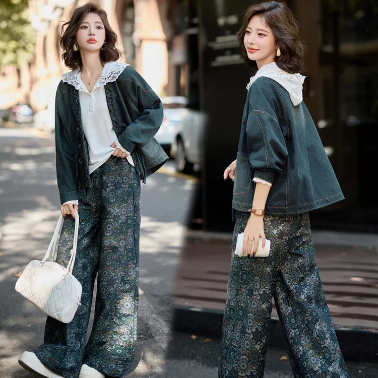 休闲时尚复古牛仔套装女2025年春秋新款连帽卫衣印花阔腿裤三件套